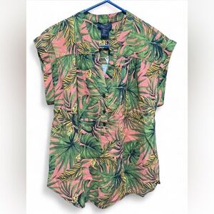 Tropical Leaf Print Blouse - Pink and Green